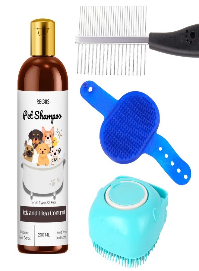 شامبو للحيوانات الأليفة لمكافحة القراد والبراغيث، مكونات طبيعية مع خلاصة جذور الكركم والصبار، 200 مل، يتضمن مجموعة فرش للعناية (4 قطع) - Image 1